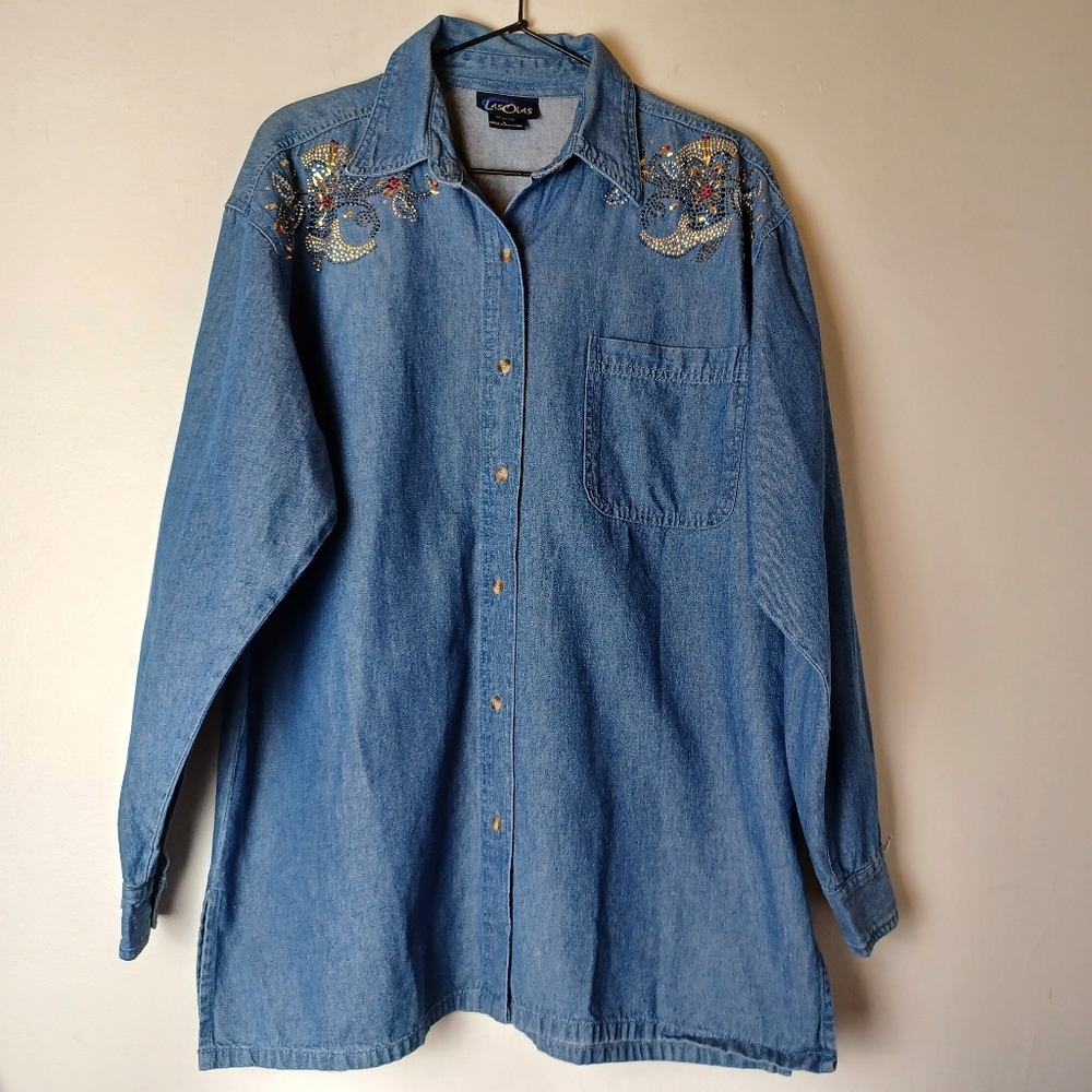 90s LasOlas Western Cowgirl Boot Denim Long Sleeve Shirt Womens Size L (14-16)